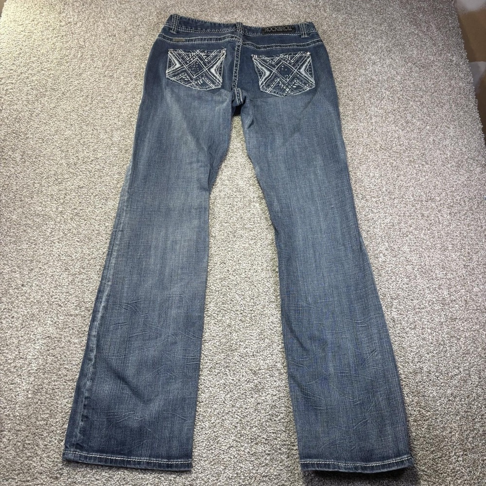 Rock And Roll Cowgirl Bootcut Jeans Womens 31 Blue Rhinestone W7-2481 31x32